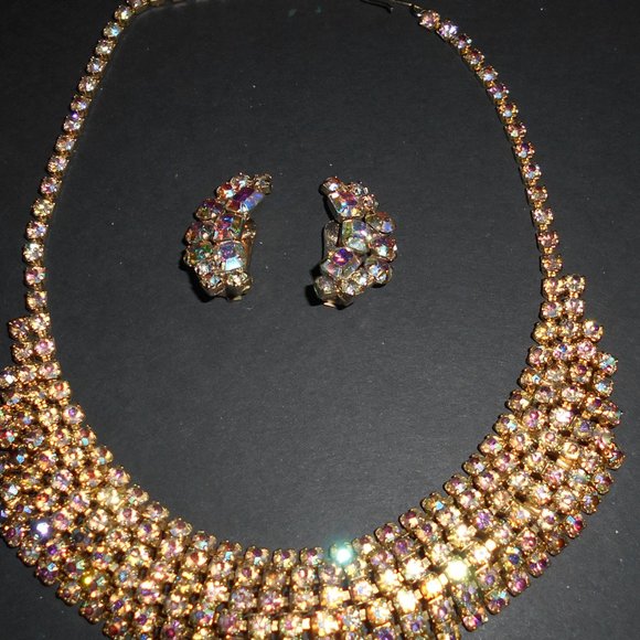 Vintage Elgin American Multi-Tier Aurora Borealis Necklace & Clip-On Earrings - Picture 2 of 10